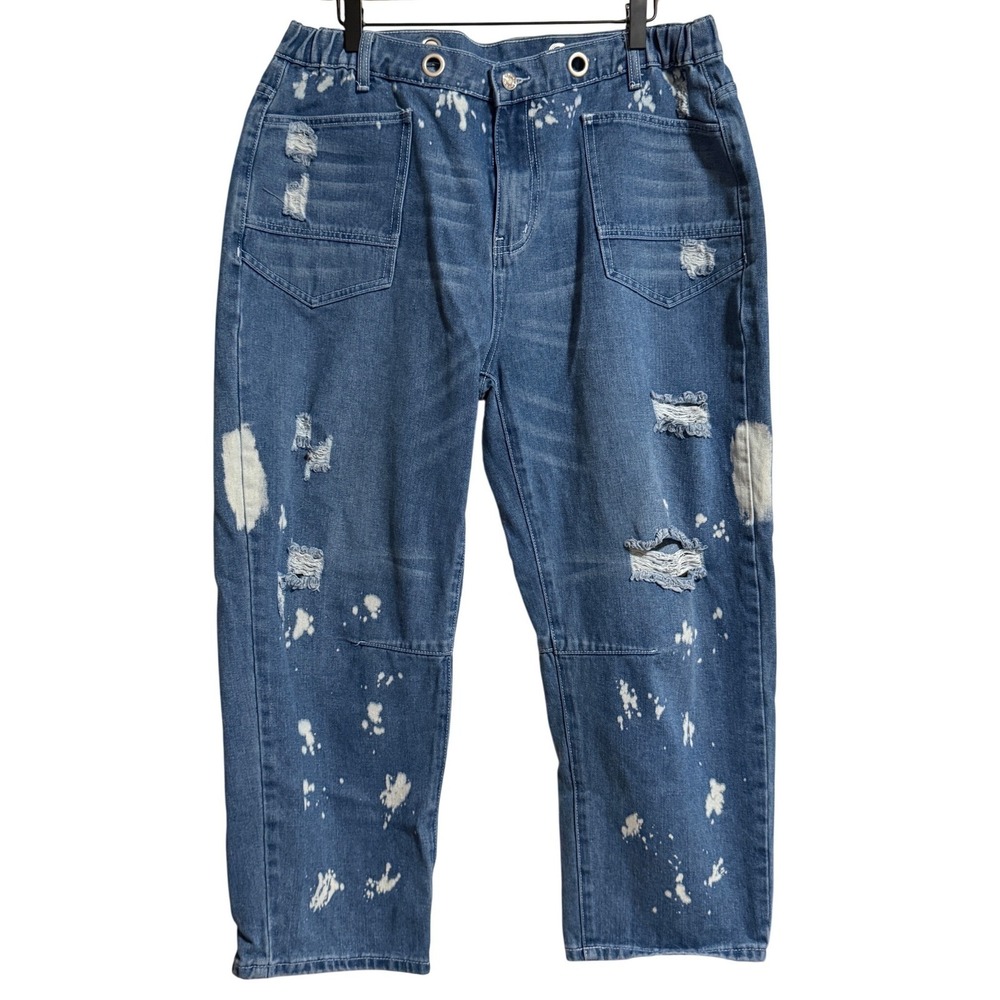 Distressed bleach splattered Blue Denim Jeans XL Straight Leg Elastic Waist